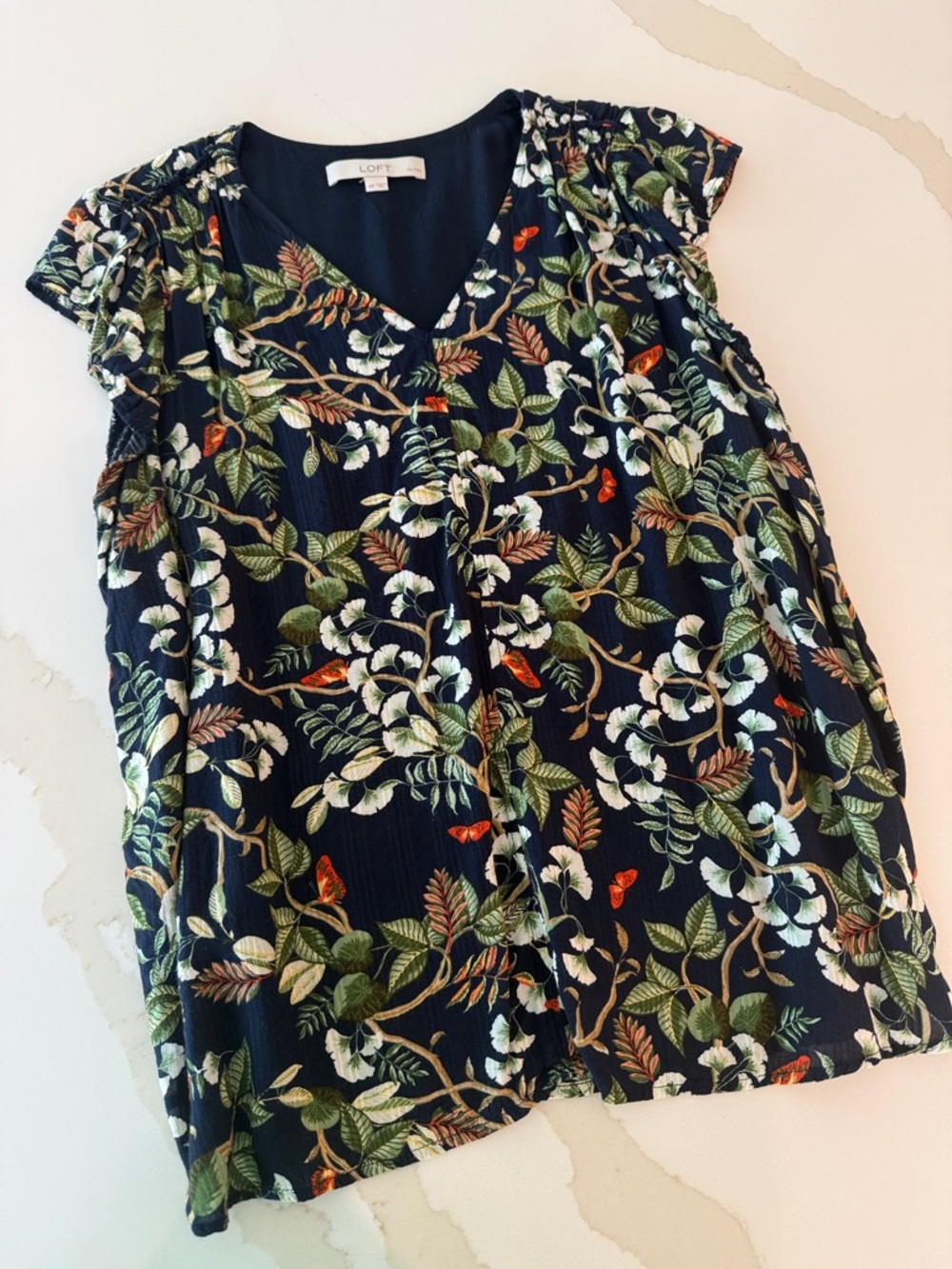 LOFT Navy Botanical V-Neck Short Sleeve Blouse